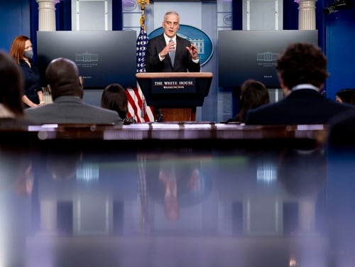 Veterans Affairs Secretary Denis McDonough, center, speaks during a press briefing at the White House on March 4. (Andrew Harnik/AP)