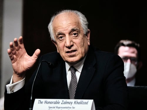 Zalmay Khalilzad, special envoy for Afghanistan Reconciliation, testifies before the Senate Foreign Relations Committee on Capitol Hill in Washington, April 27, 2021, during a hearing on the Biden administration's Afghanistan policy and plans to withdraw troops after two decades of war. (T.J. Kirkpatrick/The New York Times via AP, Pool)