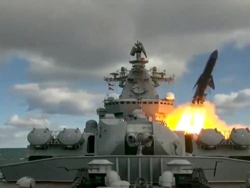 In this undated video grab provided by Russian Defense Ministry Press Service, Russia's Varyag missile cruiser fires a cruise missile as part of the Russian navy maneuvers in the Bering Sea. The Russian navy has conducted massive war games near Alaska involving dozens of ships and aircraft, the biggest such drills in the area since Soviet times. (Russian Defense Ministry Press Service via AP)