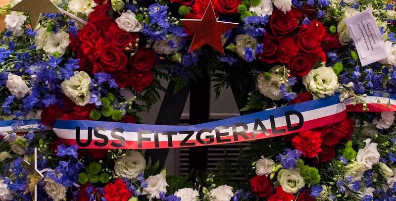 Family, friends and shipmates attended a memorial ceremony at Fleet Activities Yokosuka on June 27, 2017, for the seven sailors killed when the guided-missile destroyer Fitzgerald collided with a merchant vessel off the coast of Japan 10 days earlier. (Navy)