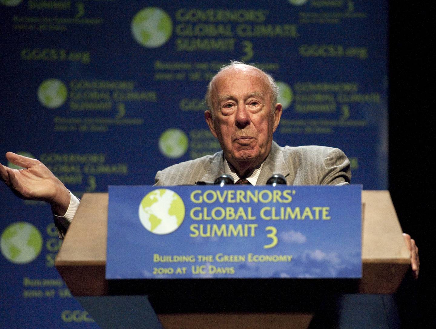 In this Nov. 15, 2010, file photo, former Secretary of State George Shultz speaks at University of California Davis during the Governors' Global Climate Summit 3: Building the Green Economy, in Sacramento, Calif.