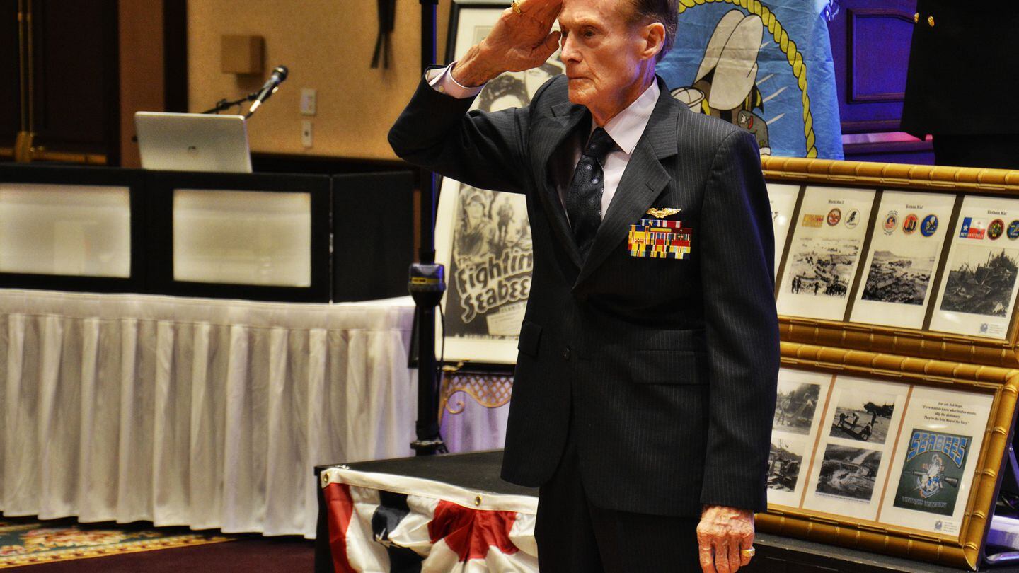 FILE - Jack Holder, a survivor of the attack on Pearl Harbor and the Battle of Midway was honored during a celebration of the Navy’s 239th birthday in Scottsdale, Ariz., on Oct. 11, 2014. (Petty Officer 3rd Class Drew Verbis/Navy)