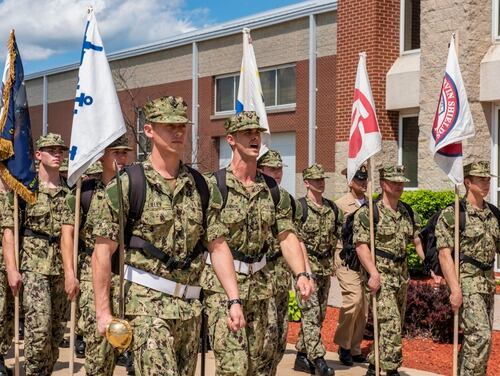 Navy recruits march in formation at Recruit Training Command in Illinois on June 5, 2019. (Mass Communication Specialist 2nd Class Camilo Fernan/Navy)