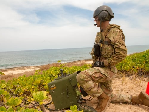 A soldier with the 35th Air Defense Artillery Brigade waits for the radio call before an Avenger air defense system engagement during the Rim of the Pacific exercise 2018 at Pacific Missile Range Facility Barking Sands, Hawaii, in July. (Capt. Rachael Jeffcoat/Army)