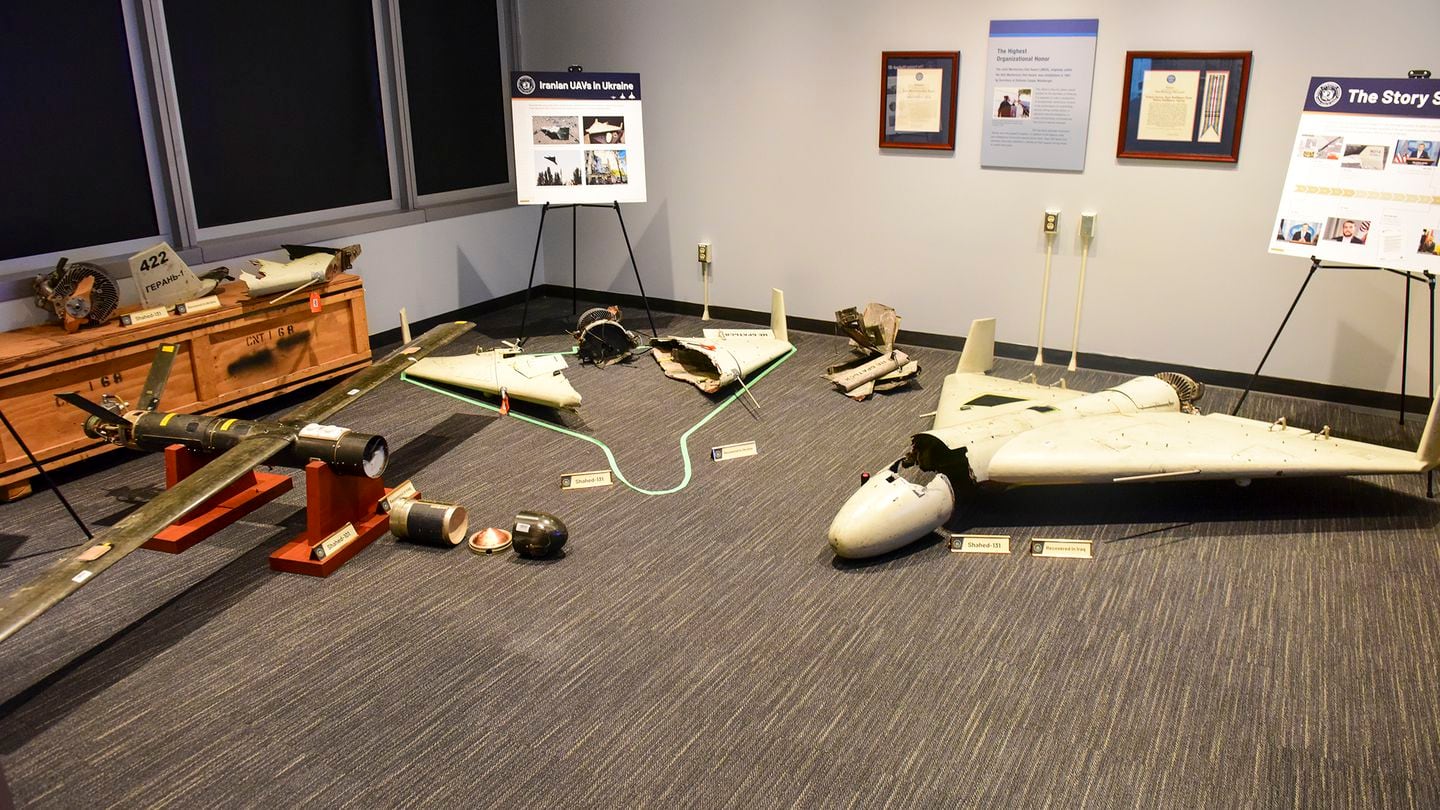 Remnants of Iranian-made drones recovered from Iraq and Ukraine are seen here at the Defense Intelligence Agency headquarters Aug. 23, 2023. (Photo provided/DIA)