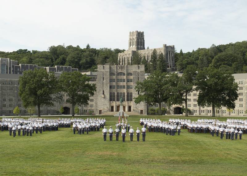 Members of the U.S. Military Academy class of 2024 officially join the corps of cadets during the Acceptance Day Parade on the Plain in West Point, NY, August 15, 2020.