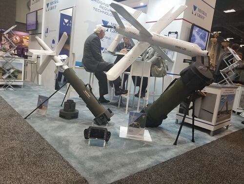 Mistral's Hero 30 drone carries an anti-personnel warhead and weighs less than 20 pounds. The Hero 120 packs an anti-tank warhead. The drones are pneumatic launched. (Shawn Snow/Staff)