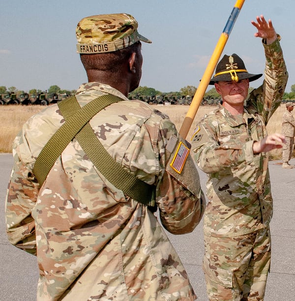 Command Sgt. Maj. Timothy Bolyard, then with the 3rd Infantry Division, cases squadron colors in Mannheim, Germany. Bolyard was killed Sept. 3, 2018, while deployed to Afghanistan. (Staff Sgt. Micah VanDyke/Army)