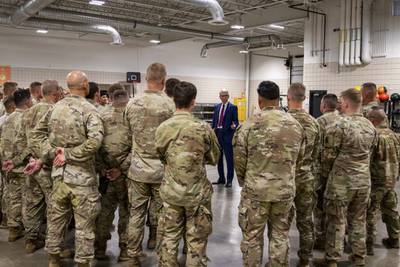 Nebraska Army National Guard soldiers listen to Lt. Gov. Joe Kelly before being deployed to the U.S. border with Mexico as part of a state response to a request for help from Texas.