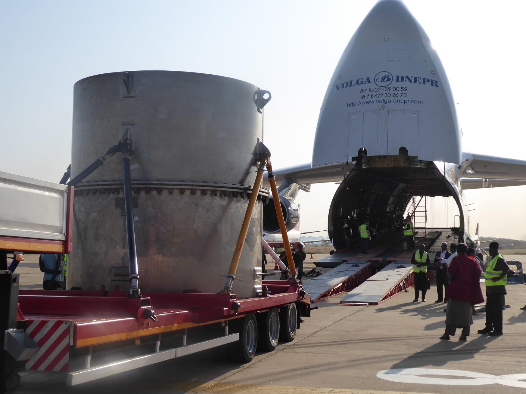 The TUK-145/C, carrying a load of highly enriched uranium from the Nigerian reactor, is loaded onto a plane headed for its final destination: China. (U.S. National Nuclear Security Administration)