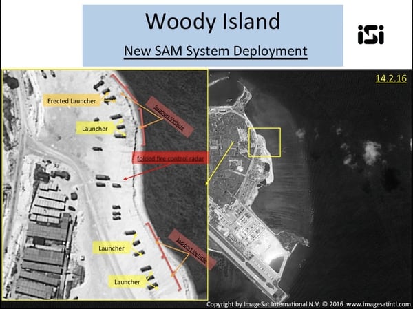 Satellite images of Woody Island, the largest of the Paracel Islands in the South China Sea, show the country has placed a surface-to-air missile system on the island, according to a U.S. official. (ImageSat International N.V. via AP)