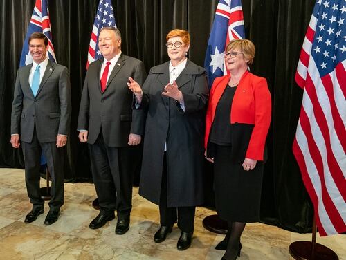 Secretary of State Mike Pompeo makes introductory remarks at AUSMIN at the Parliament of New South Wales House Jubilee Room with Foreign Minister Marise Payne, second from right, Defense Minster Linda Reynolds, right, and U.S. Secretary of Defense Esper, left, in Sydney on Aug. 3, 2019. (Ron Przysucha/State Department)