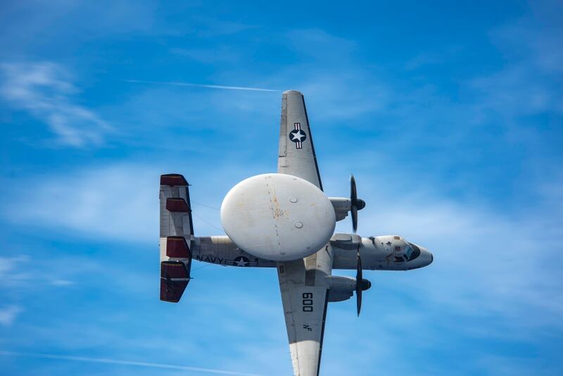 An E-2D Hawkeye, attached to the Tiger Tails of Airborne Command and Control Squadron 125, flies over the Pacific to demonstrate U.S. airpower in the region. (MC3 Quinton Lee/Navy)