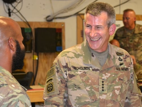U.S. Army Gen. John Nicholson, Resolute Support and U.S. Forces-Afghanistan commander, visits with service members at Train, Advise and Assist Command-East on Aug. 9, 2018. On Wednesday, Aug. 22, 2018, Nicholson held his final press conference on the state of operations in Afghanistan (Cmdr. Robert Thoms/NATO)