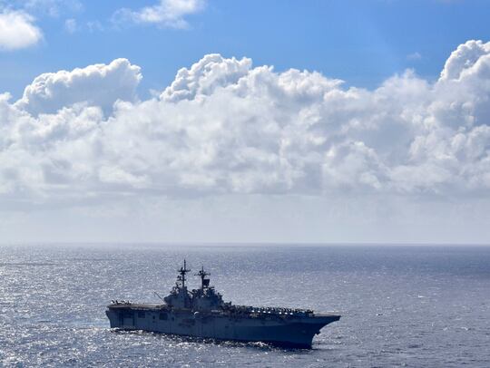 The amphibious assault ship USS Wasp transits the Coral Sea on Aug. 1. The flagship of the Wasp Amphibious Ready Group is heading home to Norfolk. (Mass Communication Specialist 1st Class Daniel Barker/Navy)