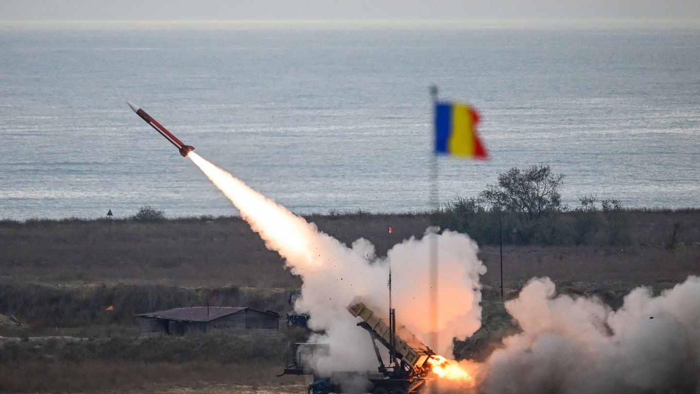 A Romanian Patriot system fires a missile during a drill at the Capu Midia shooting range next to the Black Sea on Nov. 15, 2023. (Daniel Mihailescu/AFP via Getty Images)