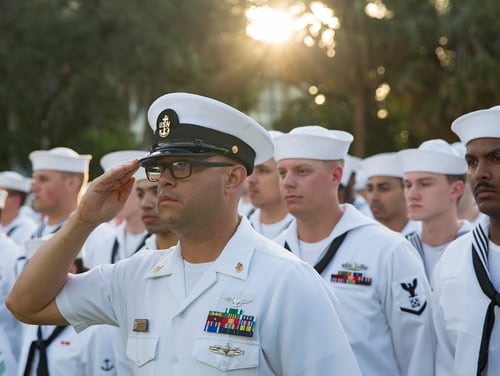 Chief Aviation Boatswain's Mate Jaime Valencia salutes for a formation of sailors assigned to the USS Kearsarge at a welcoming party during Fleet Week Port Everglades in Florida on May 1, 2018. Senate lawmakers backed plans for a smaller military end strength increase for fiscal 2019 than the White House requested, including 3,500 fewer sailors. (MC3 Dana D. Legg/Navy)