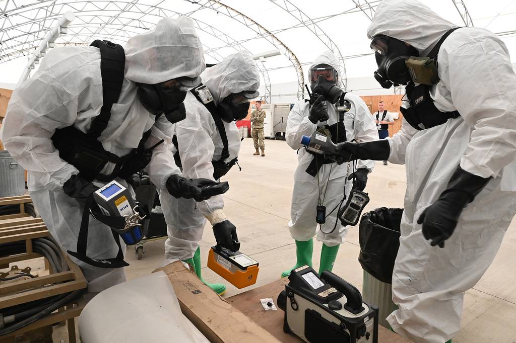 North Dakota National Guard members use hazardous material detection equipment during exercise Vigilant Guard at the North Dakota Air National Guard Base, Fargo, N.D., Aug. 4, 2020.