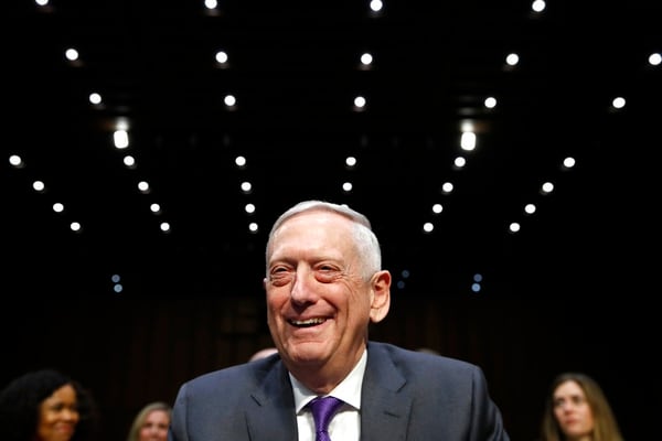 Then-Defense Secretary Jim Mattis smiles as he arrives to testify on the Pentagon's budget posture during a Senate Armed Services Committee hearing on April 26, 2018. (Jacquelyn Martin/AP)