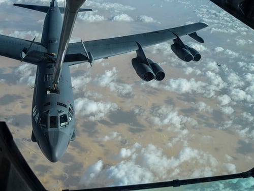 A KC-10 Extender refuels a U.S. Air Force B-52 Stratofortress mission over the U.S. Central Command area of responsibility, Jan. 17, 2021. (Senior Airman Aaron Larue Guerrisky/Air Force)