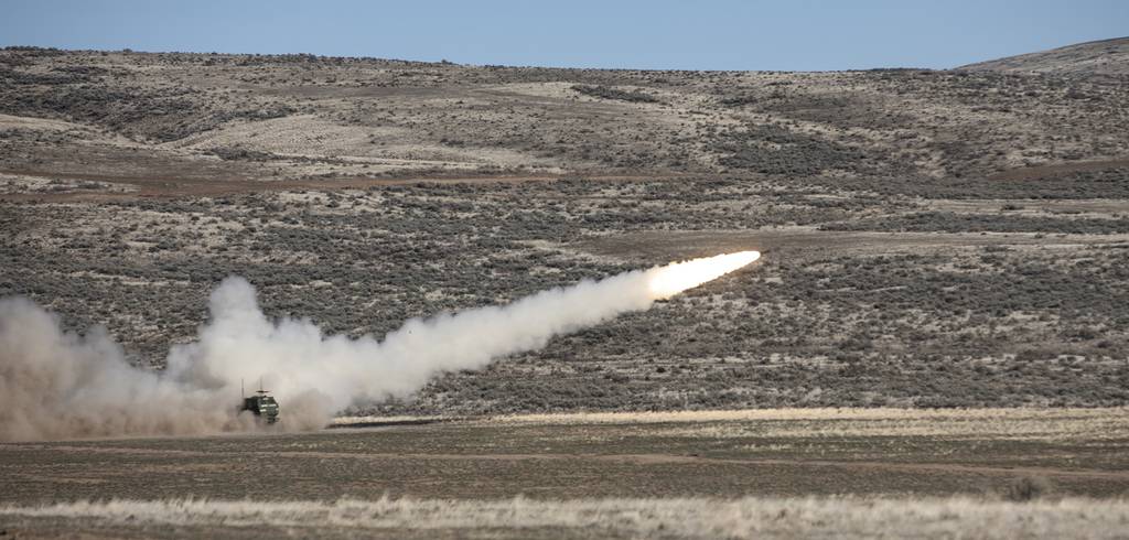 A High Mobility Artillery Rocket System (HIMARS) from A Battery, 5th Battalion, 3rd Field Artillery Regiment, 17th Field Artillery Brigade, launches a rocket in Yakima Training Center, Wash., during a live fire qualification range on March 11, 2020.