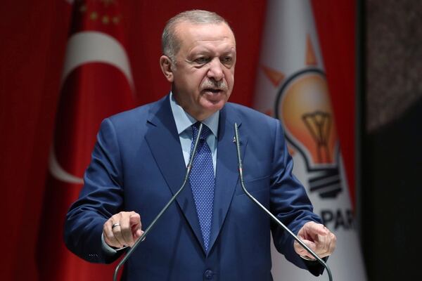 Turkey's President Recep Tayyip Erdogan speaks to his ruling party officials, in Ankara, Turkey, Thursday, Sept. 5, 2019. (Presidential Press Service via AP, Pool)