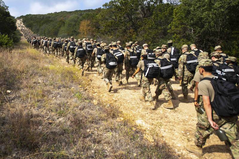 U.S. Air Force Defenders from the 343rd Training Squadron participate in 13th annual Fallen Defender Ruck Nov. 6, 2020, at Joint Base San Antonio-Camp Bullis, Texas.