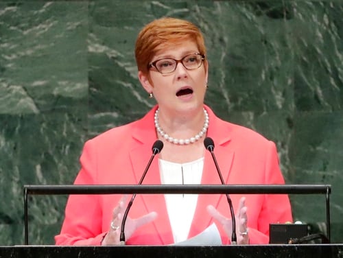 Australia's Foreign Minister Marise Payne addressed the 73rd session of the United Nations General Assembly at the United Nations headquarters on Sept. 28. Payne says her country's alliance with the United States has never been more vital in an era of escalating challenges in the Indo-Pacific region. (Frank Franklin II/AP)