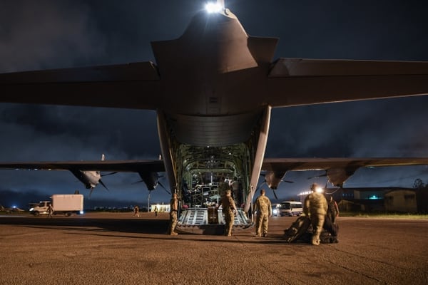 U.S. service members arrive with supplies, personnel and equipment at Maputo International Airport, Mozambique, March 26. (Staff Sgt. Corban Lundborg/Air Force)