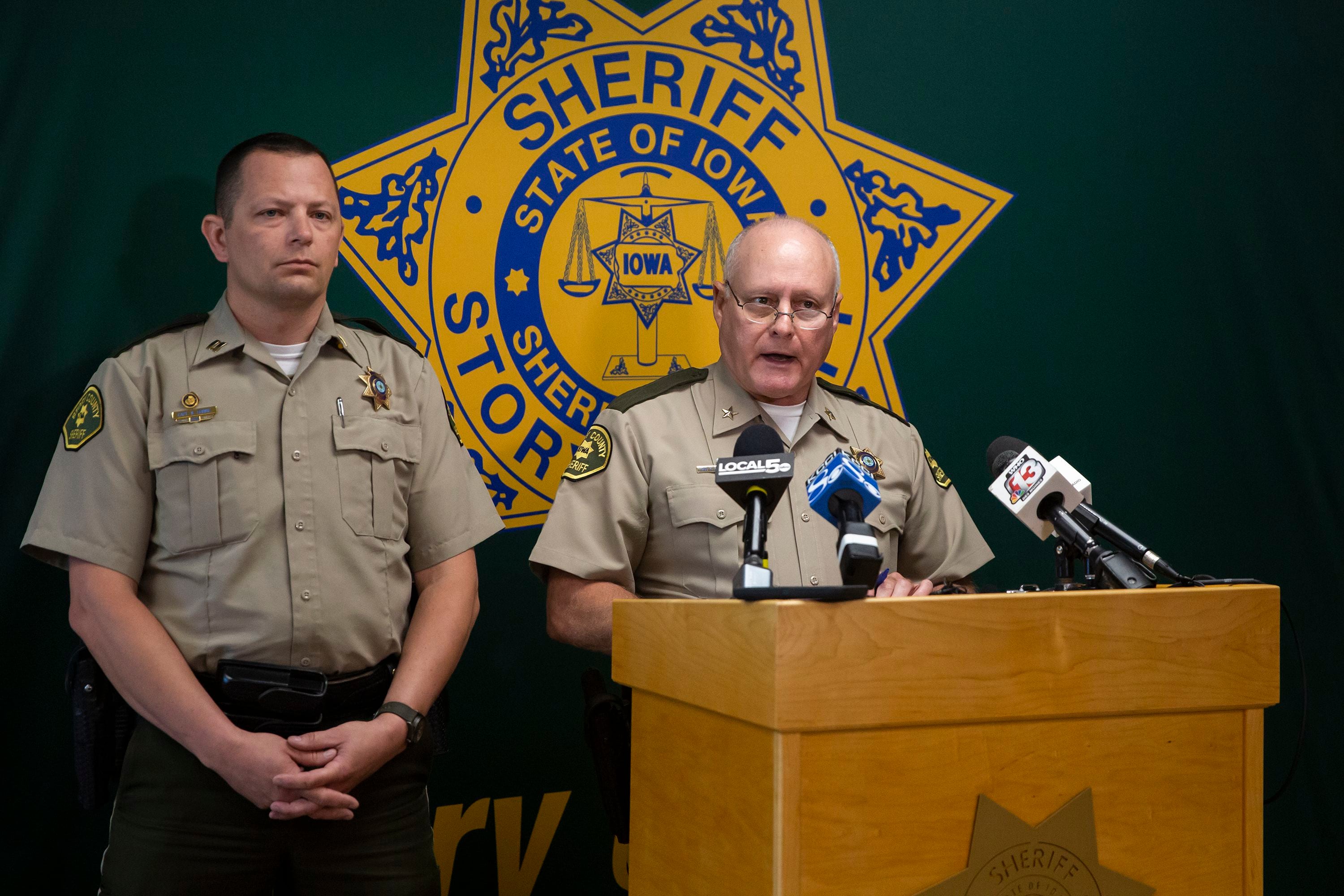 Story Country Sheriff Paul Fitzgerald, right, and Story County Chief Deputy Nicholas Lennie provide more information about the shooting at Ames' Cornerstone Church, during a news conference on Friday, June 3, 2022, at the Story County Sheriff's Office in Nevada, Iowa. (Kelsey Kremer/The Des Moines Register via AP)