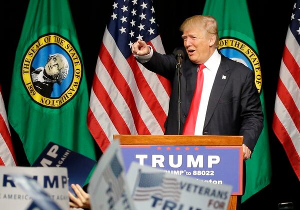 Republican presidential candidate Donald Trump speaks during a rally in Spokane, Wash., Saturday, May 7, 2016. (AP Photo/Ted S. Warren)