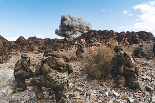 U.S. Marines detonate obstacle-breaching Bangalore torpedoes during a live-fire and maneuver exercise at the company assault course, Range 400, Marine Corps Air Ground Combat Center, Twentynine Palms, Calif., Nov. 20, 2019. (Lance Cpl. Colton Brownlee/Marine Corps)