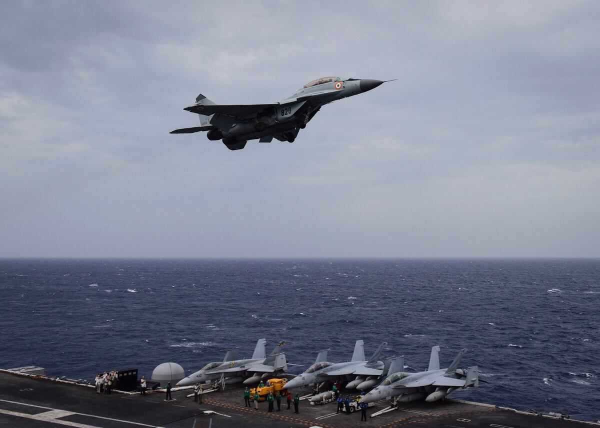 Indian navy mig-29k and F-18 in one frame during exercise Malabar