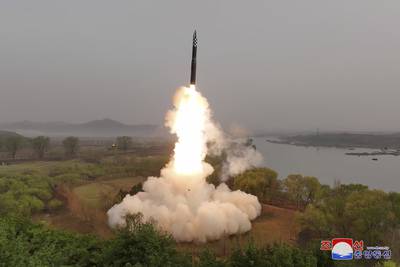 This photo provided April 14, 2023, by the North Korean government, shows what it says is the test-launch of Hwasong-18 intercontinental ballistic missile Thursday, April 13, 2023 at an undisclosed location, North Korea.