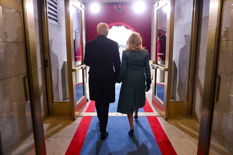 President-elect Joe Biden and Dr. Jill Biden arrive to Biden's inauguration on the West Front of the Capitol on Jan. 20, 2021, in Washington.
