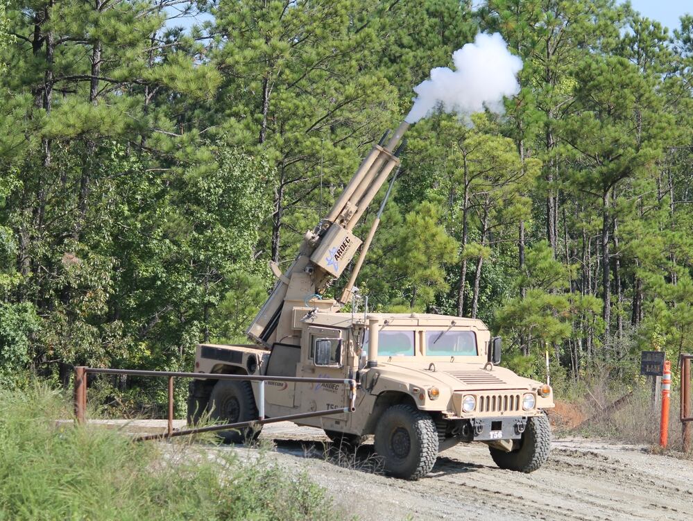 An automated direct/indirect mortar system suppresses enemy fire during a robotics demonstration at the Maneuver Center of Excellence at Fort Benning, Ga., on July 22, 2017. (Jen Judson/Staff)