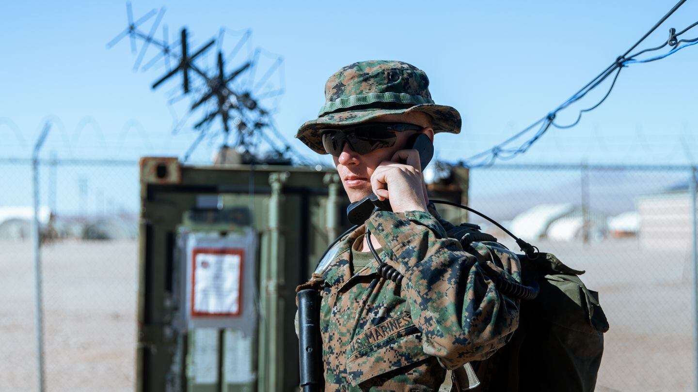 U.S. Marine Corps Pfc. Donovan Tapp, a radio transmissions operator with 3rd Marine Littoral Regiment, tests communications equipment at Twentynine Palms, Calif., on Jan. 27, 2023. (Sgt. Patrick King/U.S. Marine Corps)