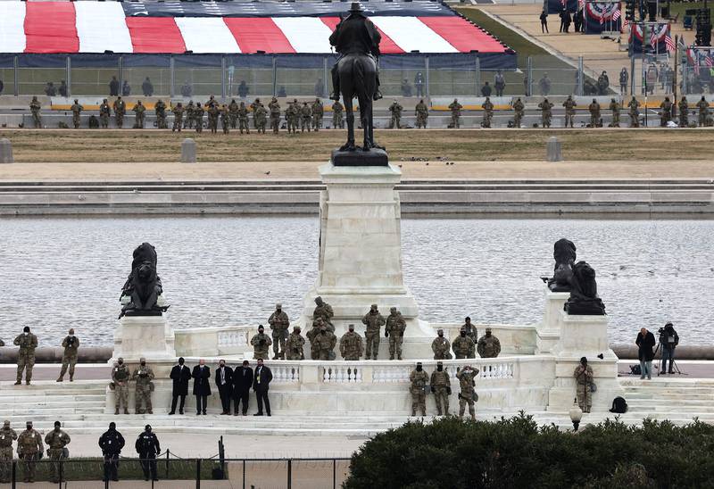 National Guard troops look on during the inauguration of President-elect Joe Biden on the West Front of the Capitol on Jan. 20, 2021, in Washington.