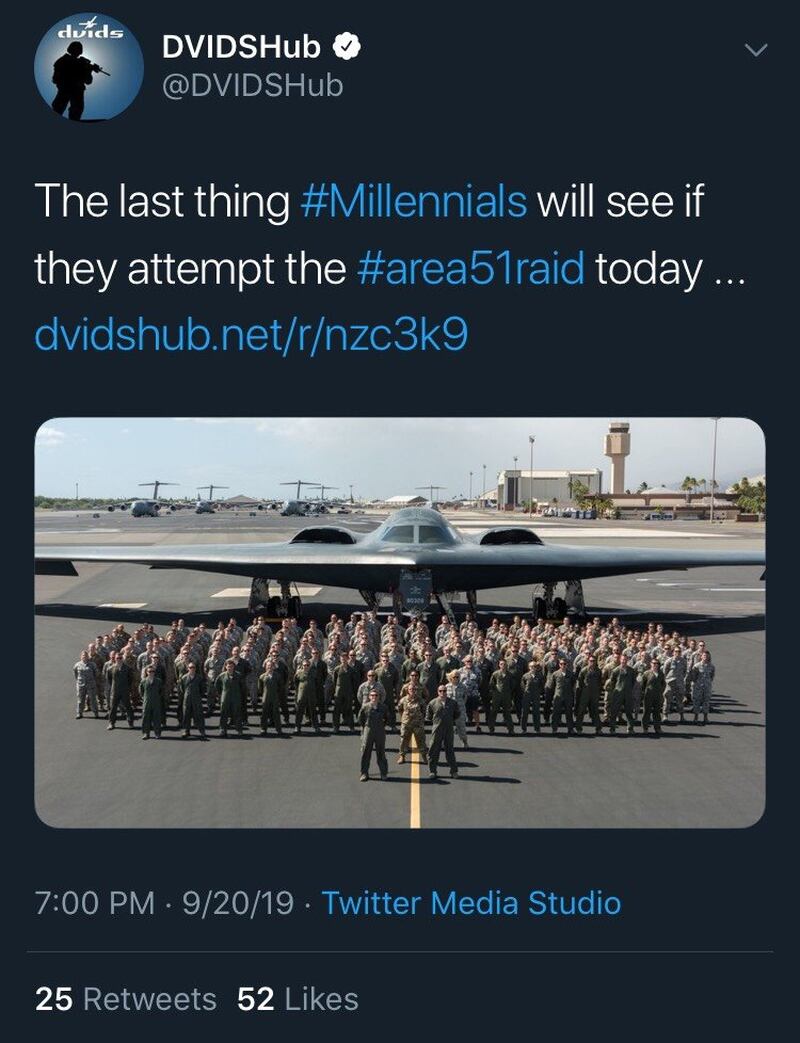 Dod Apologizes For Tweet Suggesting Millennials Would Be Bombed If They Stormed Area 51
