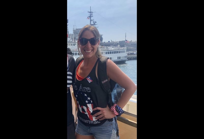 Air Force veteran Ashli Babbitt posted a photo of herself wearing a QAnon shirt in September 2020. She was shot and killed while taking part in a riot at the Capitol Jan. 6, 2021. (Twitter)