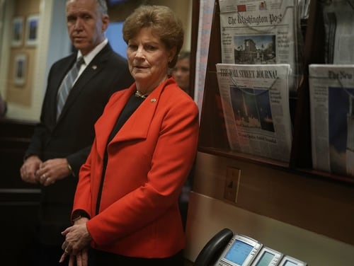 Sens. Jeanne Shaheen, D-N.H., right, and Thom Tillis, R-N.C., are co-leaders of the recently revived NATO Observer Group. (Alex Wong/Getty Images)