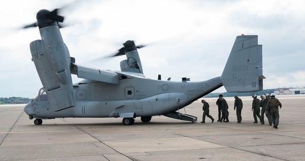 Sailors board an MV-22 Osprey tiltrotor aircraft on July 12 to fly from Naval Station Norfolk to Marine Corps Air Station New River, N.C. , marking the first flight of an V-22 Osprey by an all-Navy crew. (photo by K.R. Jackson-Smith/Navy)