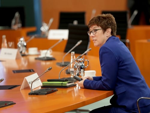 German Defence Minister Annegret Kramp-Karrenbauer speaks prior to the weekly cabinet meeting at the Chancellery in Berlin, Germany, Wednesday, July 8, 2020. (Michael Sohn/Pool via AP)