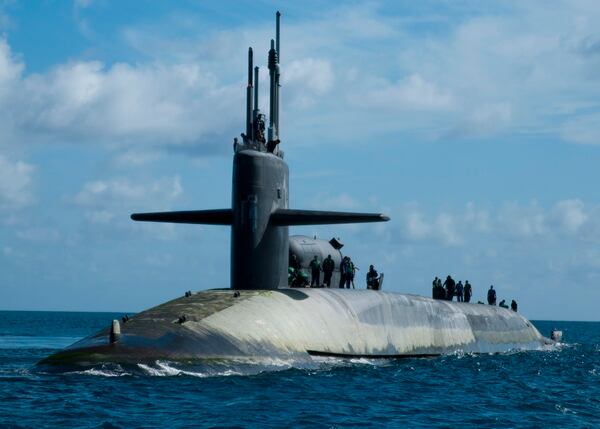 The guided missile submarine Georgia in Diego Garcia. The four SSGNs are among the high-missile-capacity ships retiring in the coming years. (U.S. Navy photo by MCSN Caine Storino)