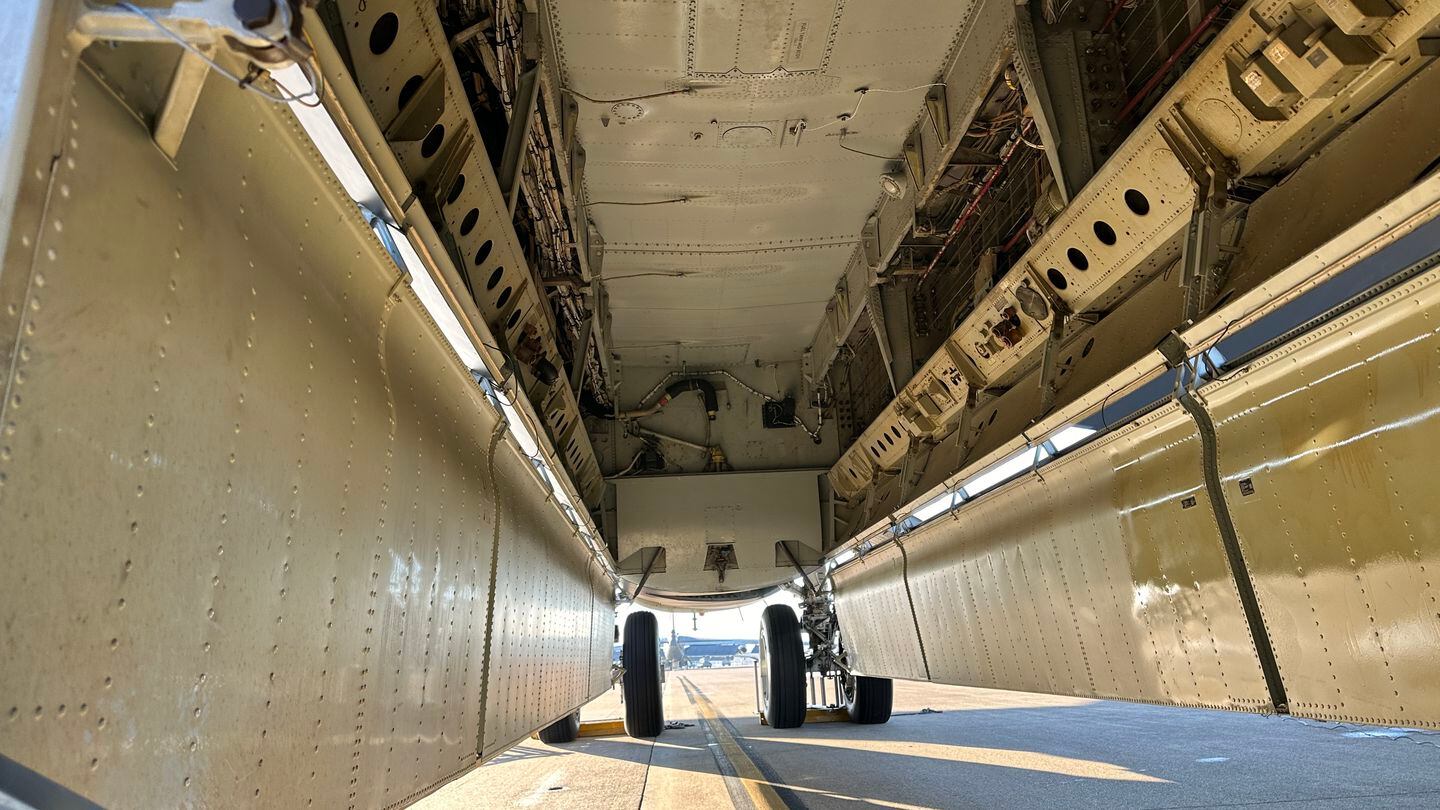 The bomb bay of a B-52 Stratofortress prior to a Jan. 4, 2024, training flight at Barksdale Air Force Base. (Stephen Losey/Staff)