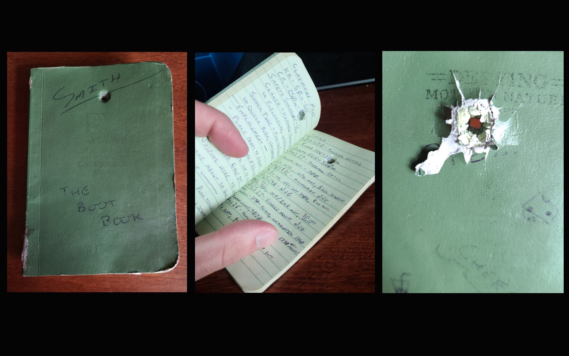 Noah Smith’s notebook that he was carrying in the pocket of his tactical vest. It was pierced by a ball bearing in the bomb blast. (Noah Smith)