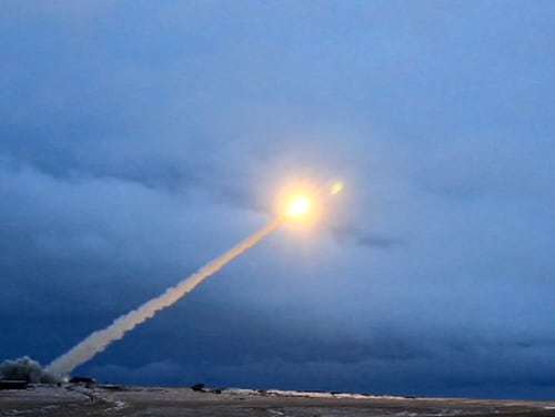 This shows the launch of what President Vladimir Putin described as a Russian nuclear-powered intercontinental cruise missile. (RU-RTR Russian Television via AP)