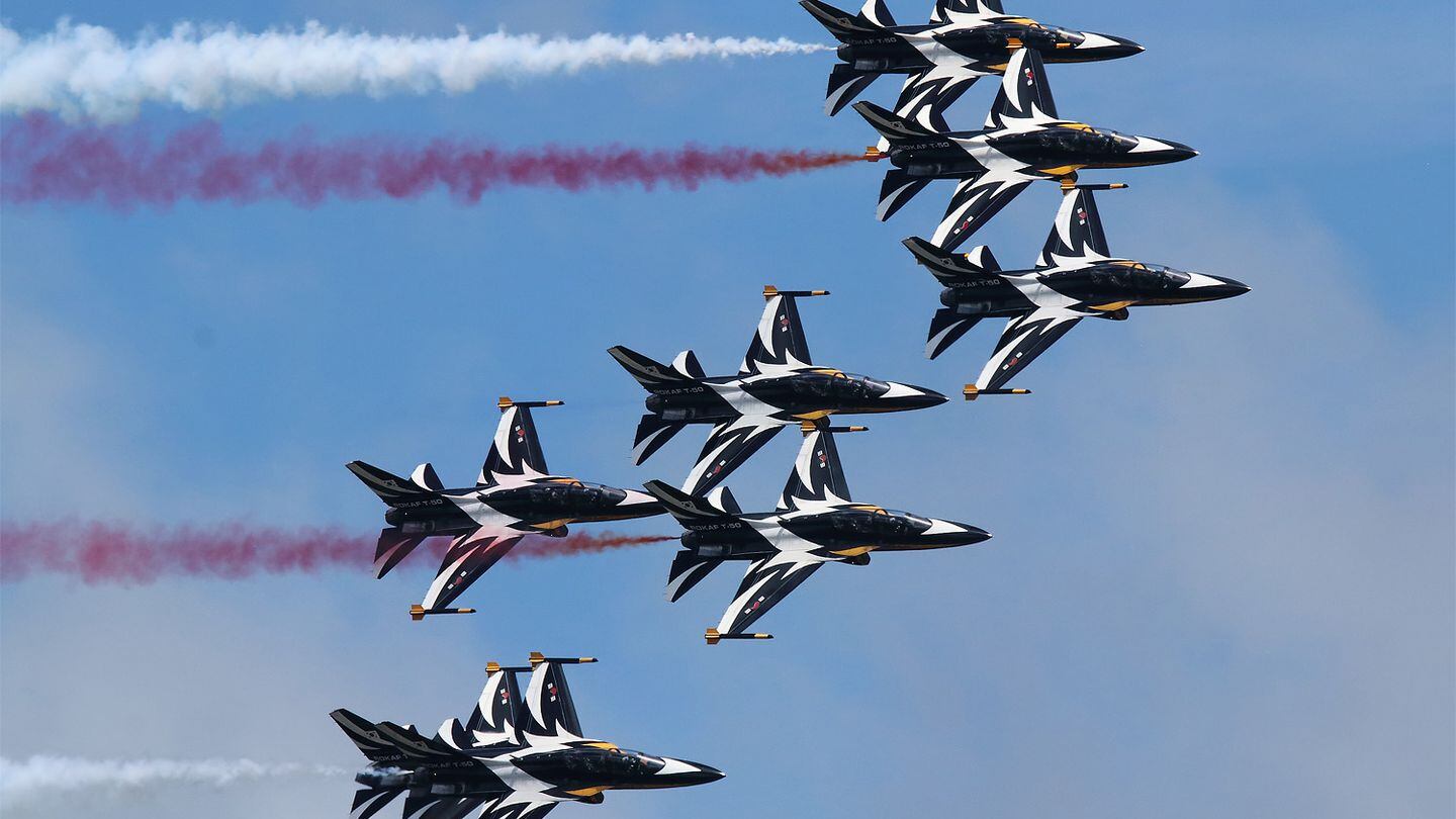 South Korea's Black Eagles aerobatics team and its Korea Aerospace Industries-made T-50 Golden Eagles were one of five international aerobatics teams at LIMA 2023. Malaysia recently ordered a light combat variant of the T-50. (Mike Yeo/Staff)