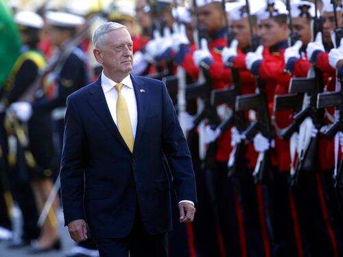 U.S. Secretary of Defense Jim Mattis receives military honors before his meeting with Brazil's defense minister, in Brasilia, on Monday. (Eraldo Peres/AP)