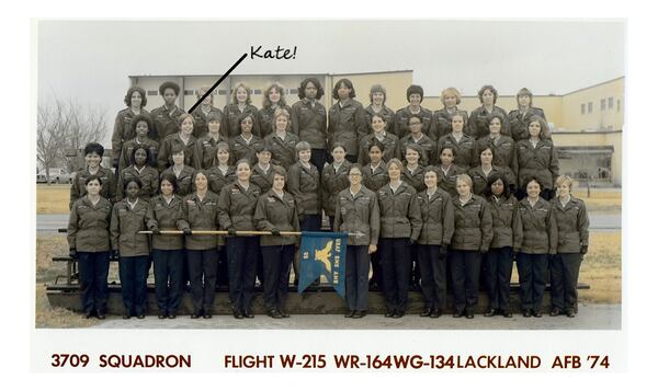 Airman Kate Kelly with her flight class at Lackland Air Force Base in 1974, just prior to getting assigned to George Air Force base. Kelly said she began to feel ill almost immediately upon arriving at George. She ultimately had three miscarriages and was never able to have children. While at George Kelly met her former husband, Ronald Holdren. He died in 2008 of multiple myeloma, a cancer that forms in plasma cells.